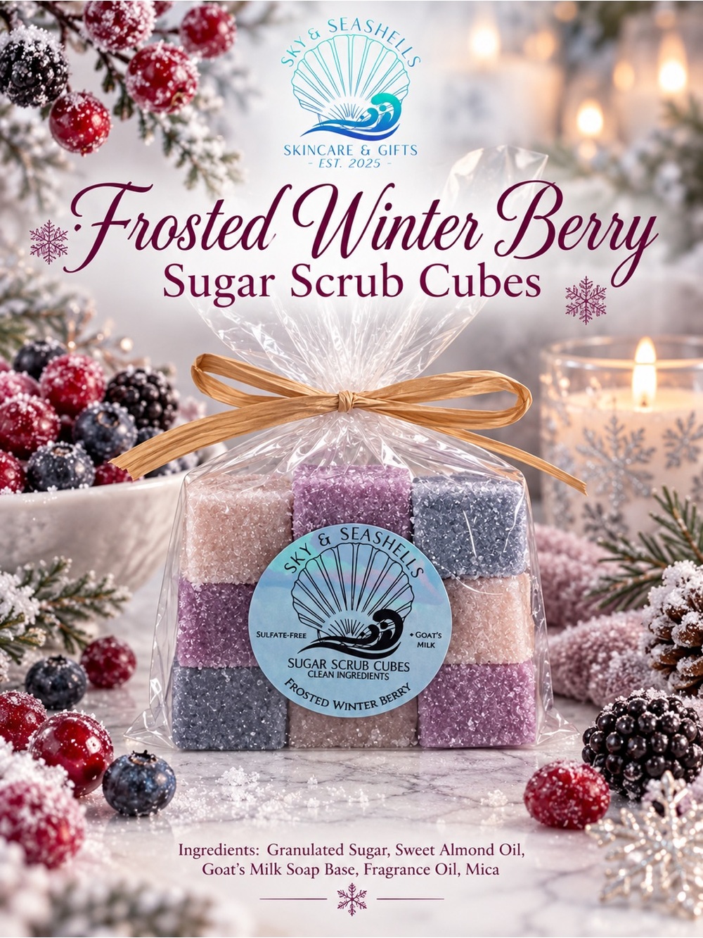 Hand Crafted “Frosted Winter Berry” Scented Sugar Scrub Cubes